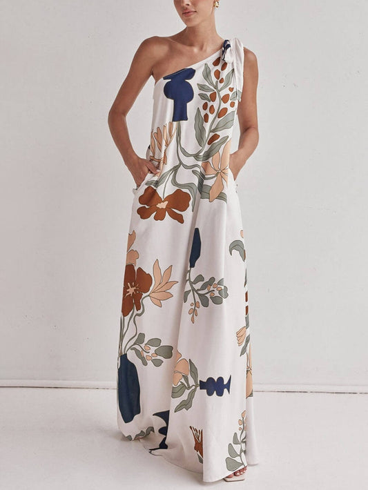 Asymmetric Shoulder Floral Pocket Dress