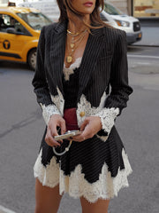 Striped Lace Trim Pleated Elegant Slip Mini Dress