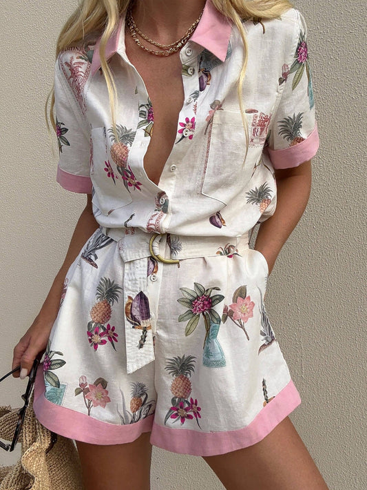 Elegant Floral Print Lace-Up Linen Jumpsuit