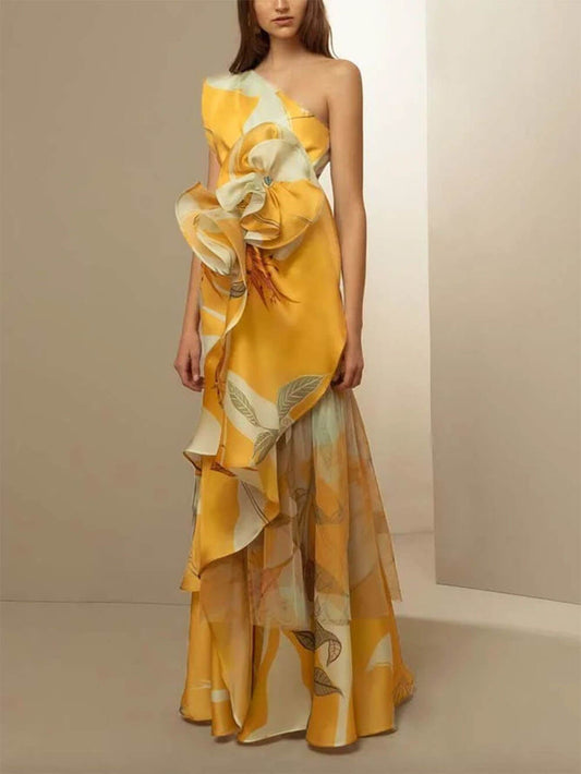 French Vintage Asymmetric Shoulder Dress