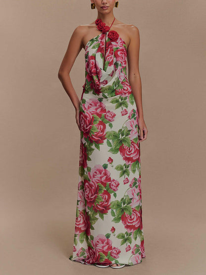 3D Flower Off-Shoulder Floral Maxi Dress