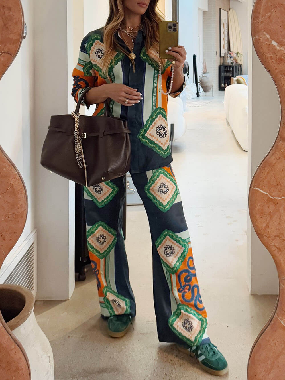 Coral Print Button Down Blouse