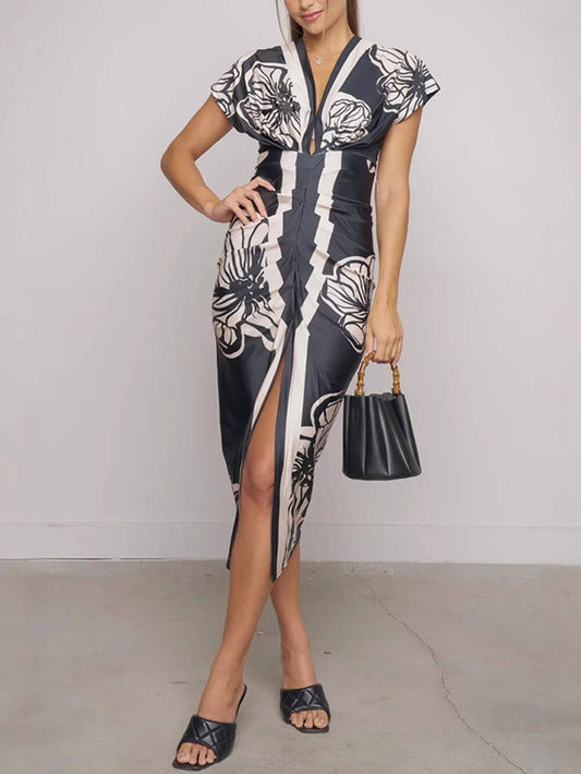 Unique Bella Contrast Color Print Dolman Sleeve Ruched Slit Midi Dress
