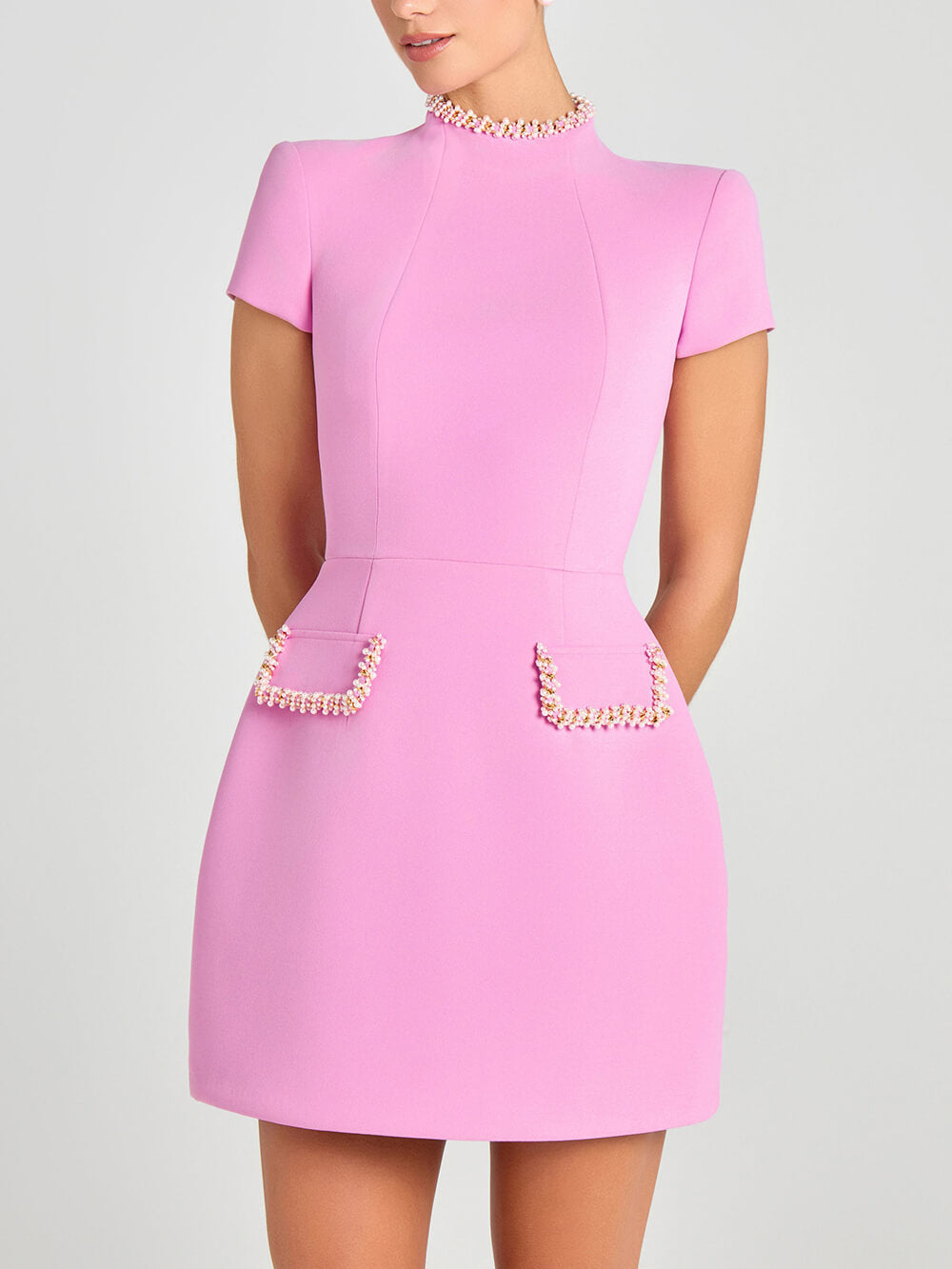 Pearl Trim Pocketed Short Sleeve Mini Dress