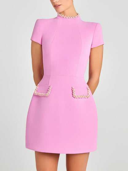 Pearl Trim Pocketed Short Sleeve Mini Dress