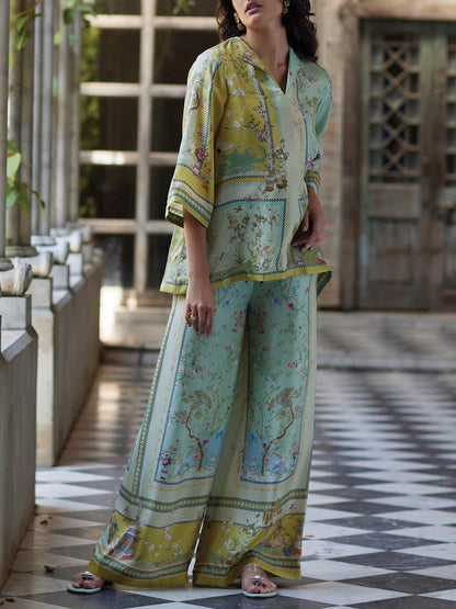 Digital Print Wide Leg Pants