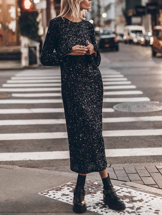 Sequin Sparkly Nights Long Sleeve Open Back Loose Dress