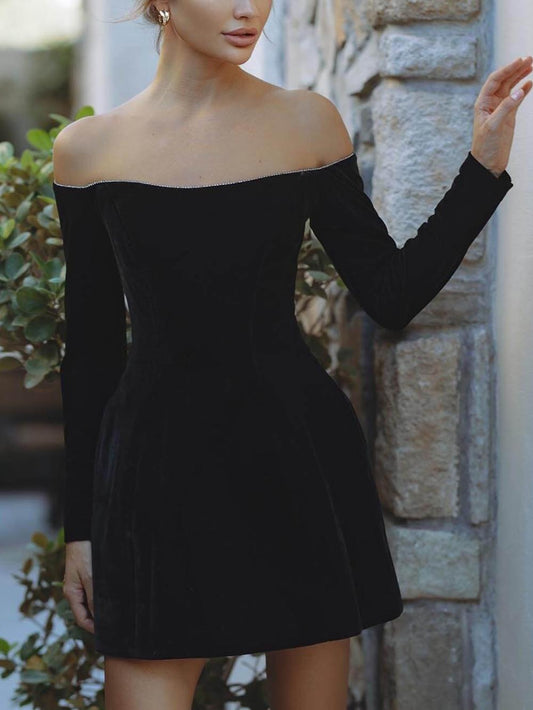 Velvet Rhinestone Off-Shoulder Bardot Mini Dress