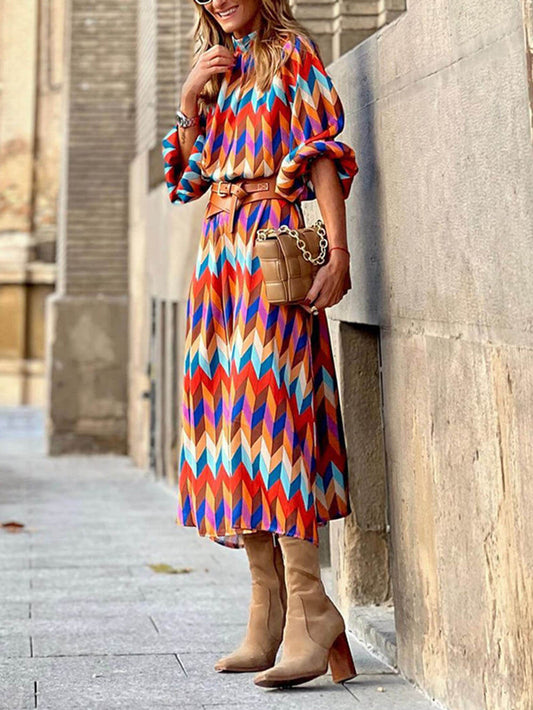 Fashionable Rainbow Print Stand Collar Long Sleeve Midi Dress