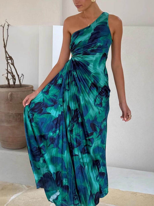 Asymmetric Shoulder Sleeveless Floral Pleated Dress