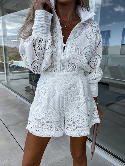 Casual Lace Shirt and Shorts Two Piece