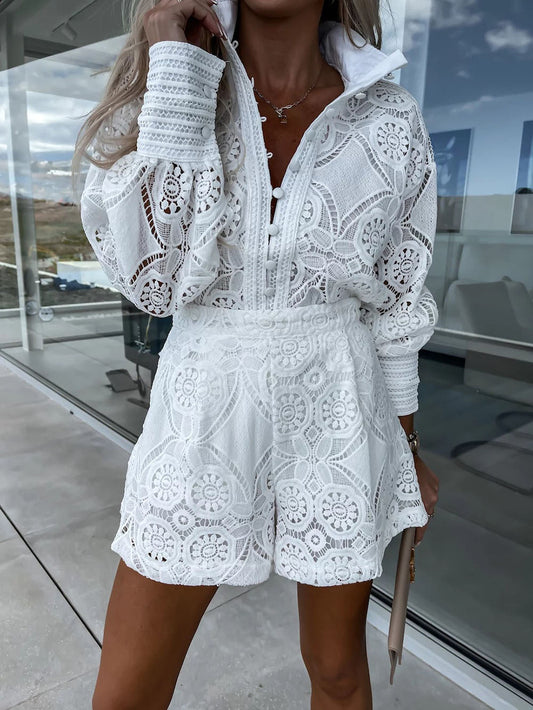 Casual Lace Shirt and Shorts Two Piece