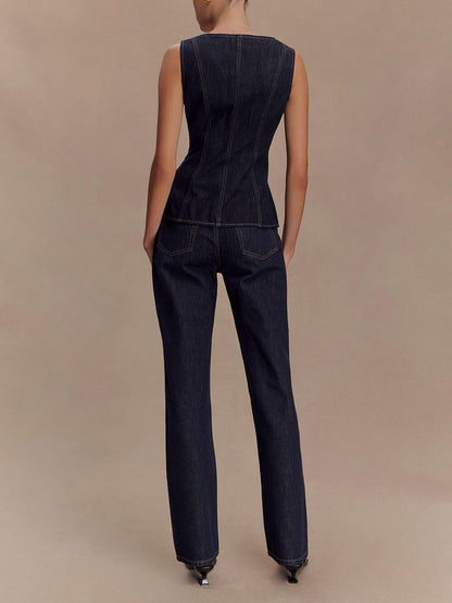 Sleeveless Button Denim Vest Top