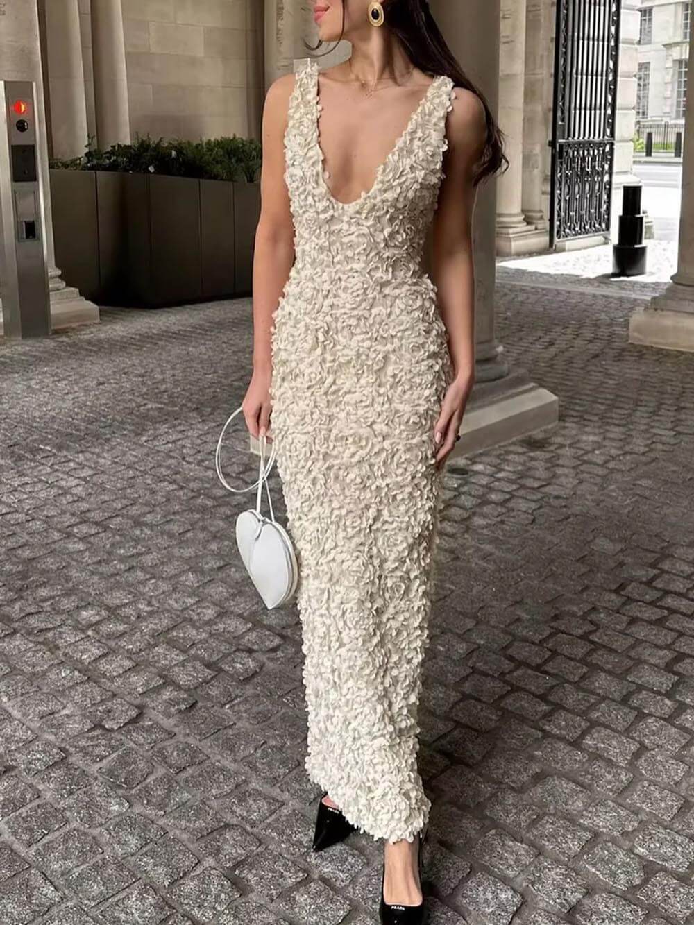 Floral Applique Deep V Neck Dress