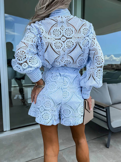 Casual Lace Shirt and Shorts Two Piece