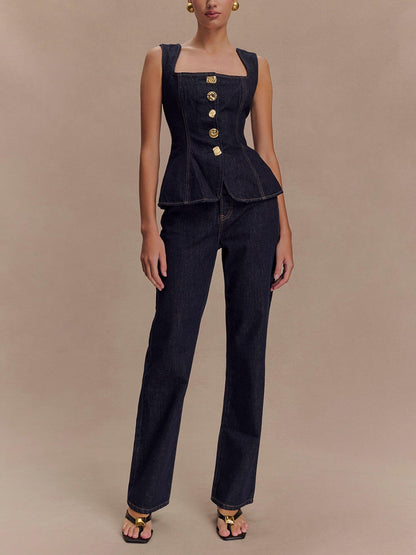 Sleeveless Button Denim Vest Top