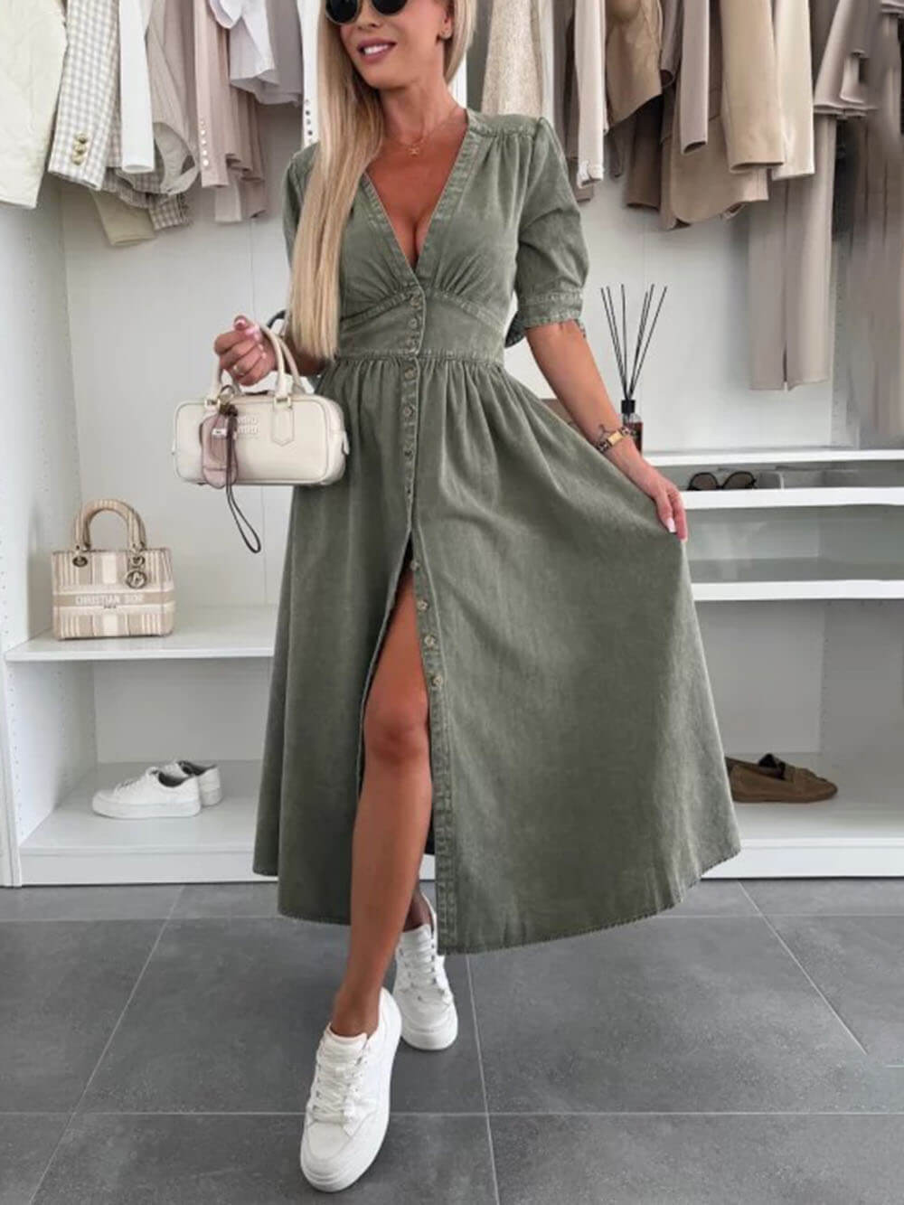 Unique Pleats Solid Color V-Neck Button-Down Denim Dress