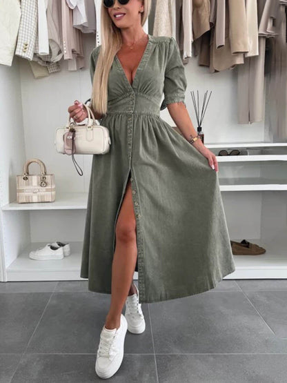 Unique Pleats Solid Color V-Neck Button-Down Denim Dress