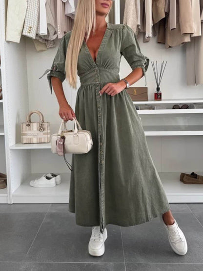 Unique Pleats Solid Color V-Neck Button-Down Denim Dress