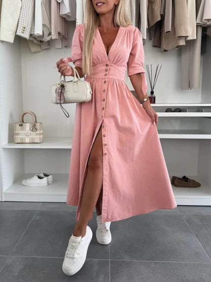 Unique Pleats Solid Color V-Neck Button-Down Denim Dress