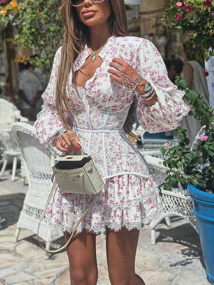 Floral Waist-Tied Long Sleeve Lace Mini Dress