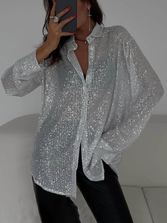 Beaded Lapel Long Sleeve Shirt