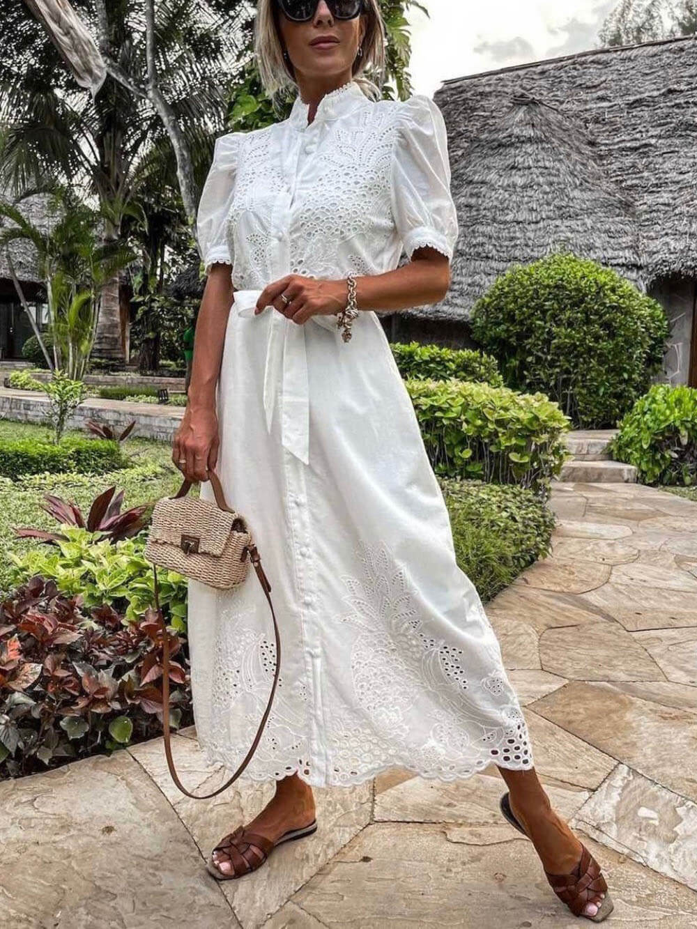 Hollow Short Sleeve Waist-Tied Flared Dress