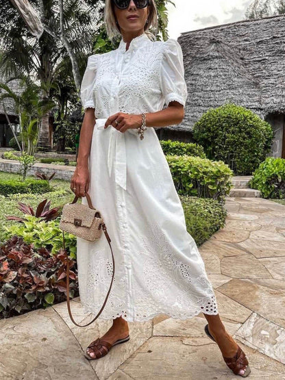 Hollow Short Sleeve Waist-Tied Flared Dress