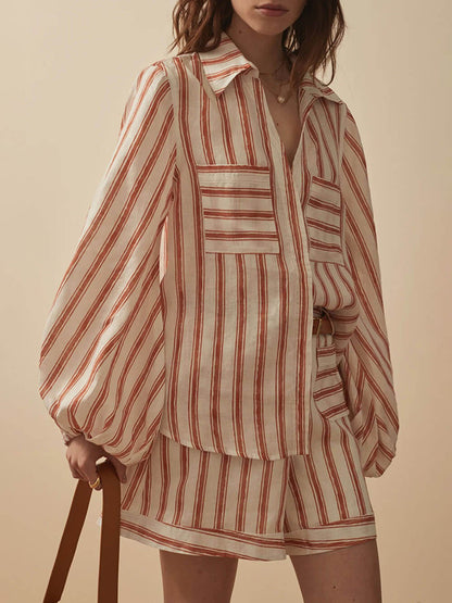 Striped Print Shirt & Shorts Set