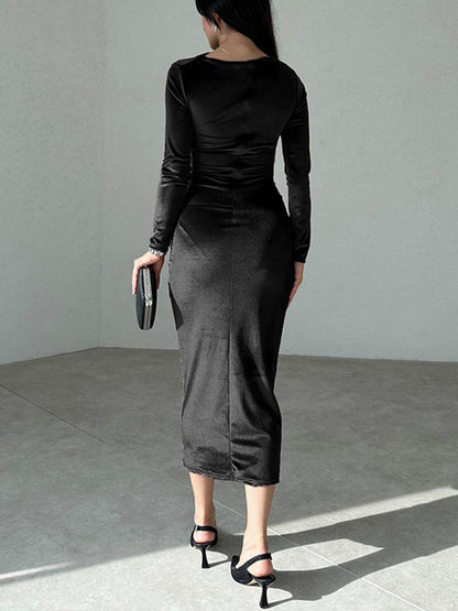 Fitted Ruched Round Neck Long Sleeve Dress