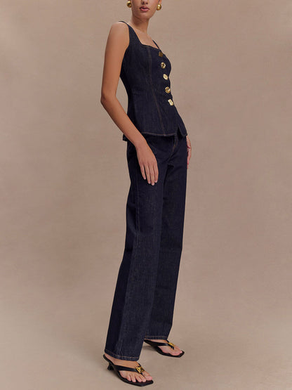Sleeveless Button Denim Vest Top