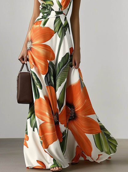 Floral Print V Neck Sleeveless A-Line Maxi Dress