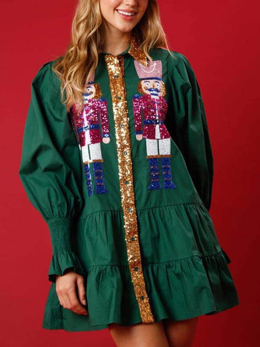 Christmas Lapel Contrast Sequin Long Sleeve Mini Dress