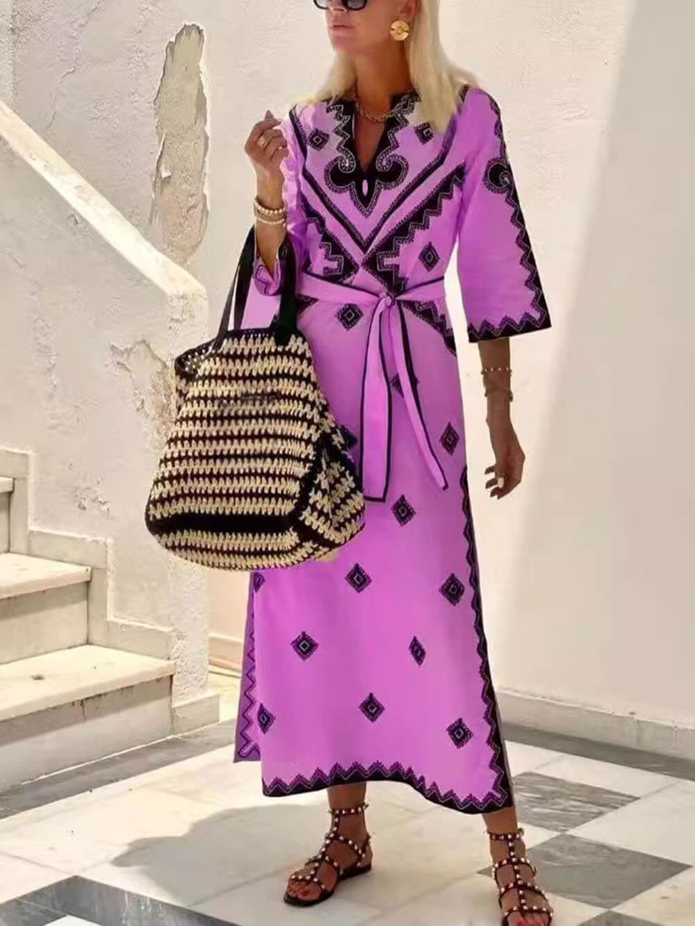 Unique Bohemian Print Belted Midi Dress