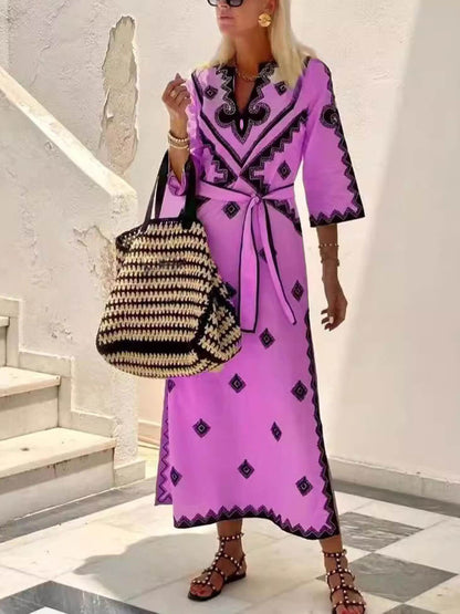 Unique Bohemian Print Belted Midi Dress