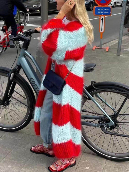 Contrast Stripe Knit Long Cardigan