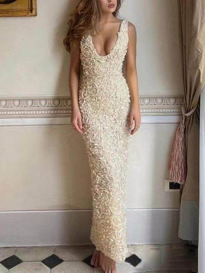 Floral Applique Deep V Neck Dress