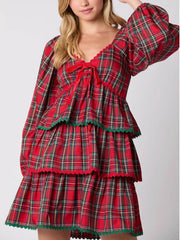 Christmas Plaid Layered Long Sleeve Dress