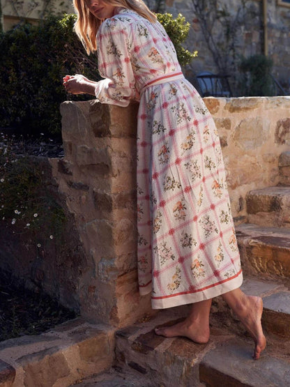Open-Front Casual Cotton-Linen Floral Tie Dress