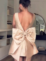 Satin Backless Bow Detail High-Waist Dress