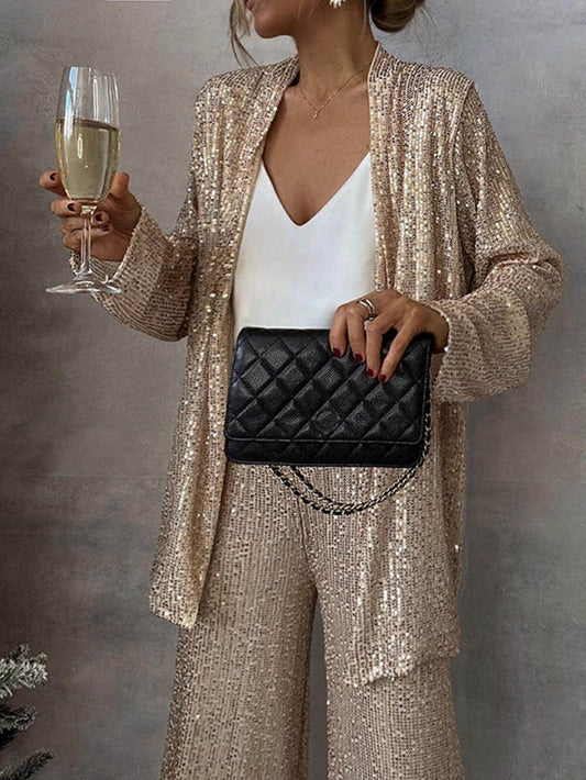 Sequined Long Sleeve Open Front Coat