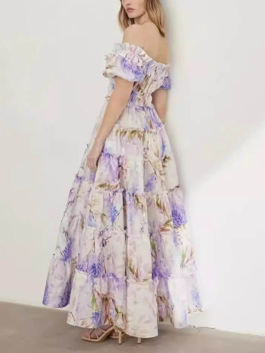 Off-Shoulder Printed Organza Fairy Evening Gown Maxi Dress