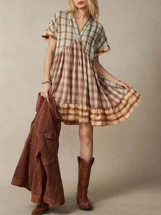 Multicolored Plaid Patchwork Mini Dress