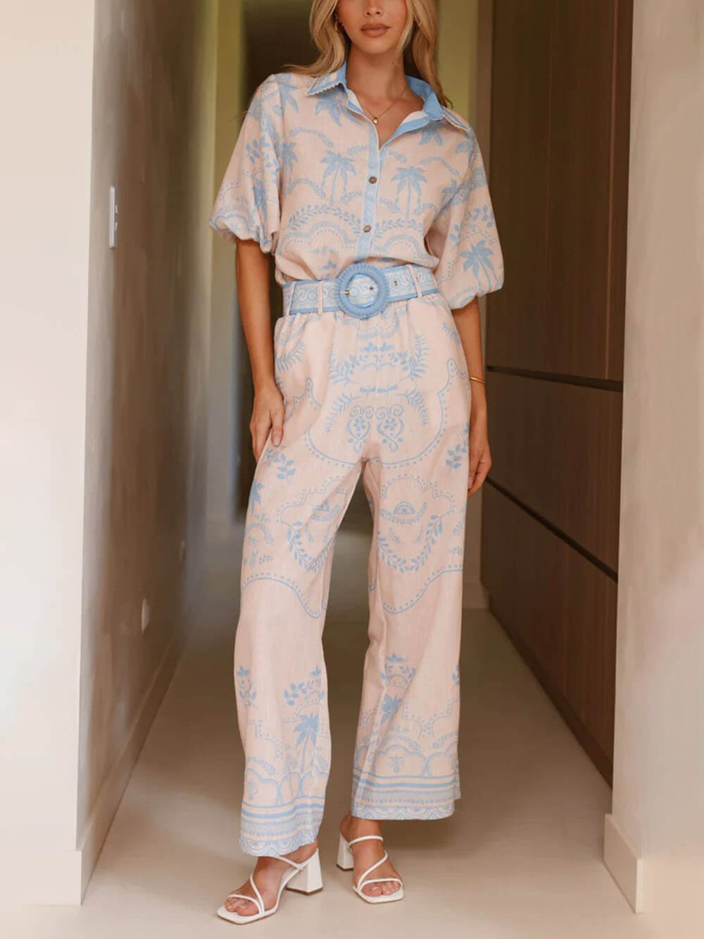 Linen Print Belted Top Pants Set