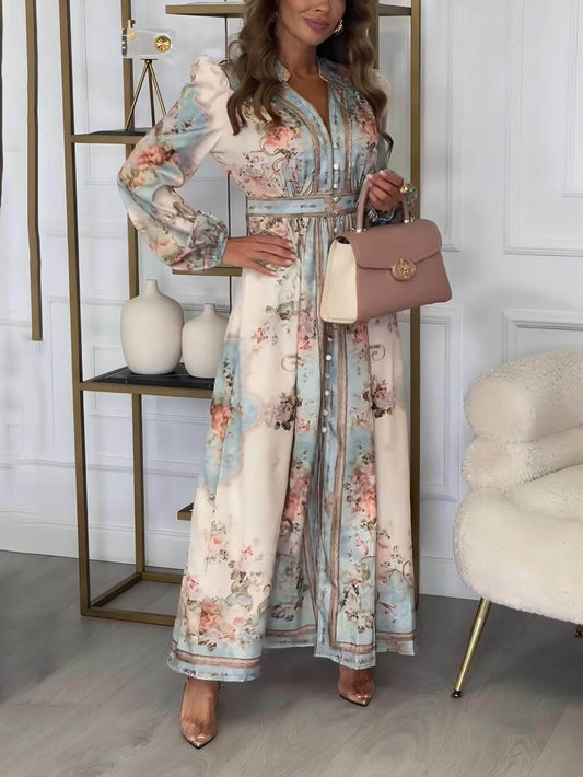Lantern Sleeve Collared Waist-Tied Long Sleeve Dress