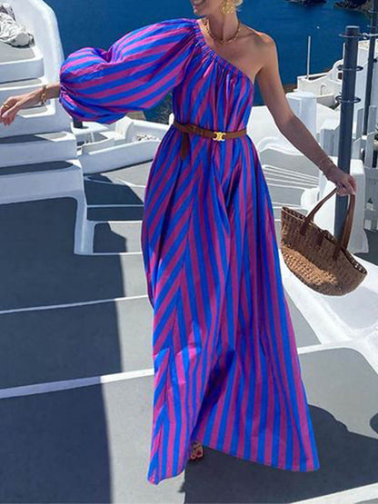 Fashion Striped Asymmetric Shoulder Resort Dress