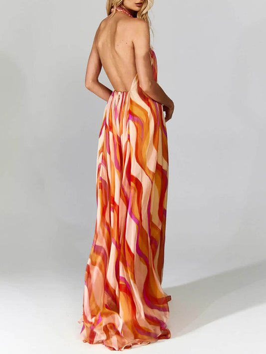 Floral Halter Backless Dress