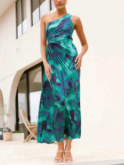 Asymmetric Shoulder Sleeveless Floral Pleated Dress