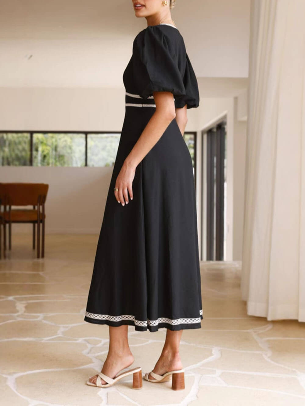 V-Neck Lace Puff Sleeve Maxi Dress