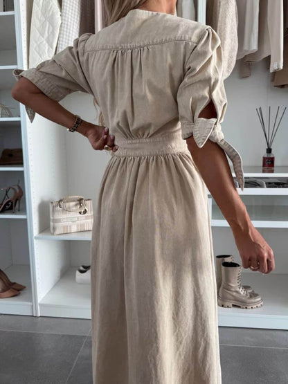 Unique Pleats Solid Color V-Neck Button-Down Denim Dress